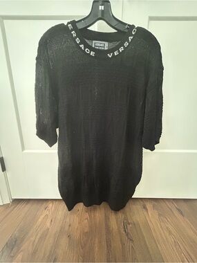 Versace Black Short-Sleeve Knit Sweater with Logo Collar